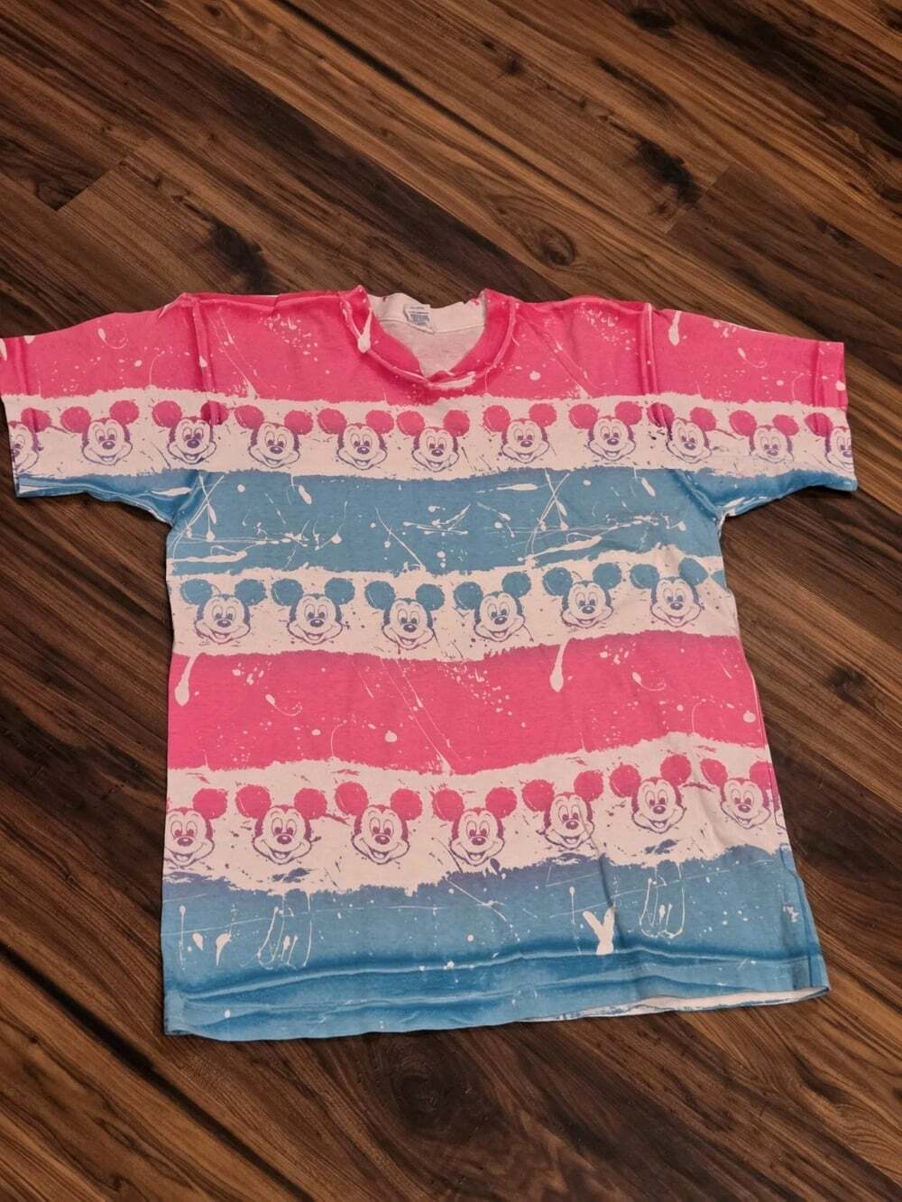 Vtg 90s Disney Mickey Mouse All-Over Print T-Shirt Neon Pink Blue Single Stitch